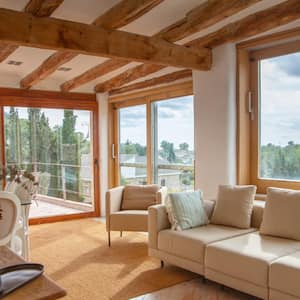 An upper living room view on to garden