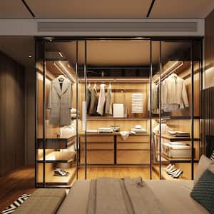 A luxurious bedroom with a walk-in closet