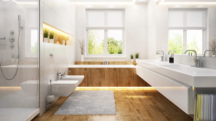 The interior of a bright modern bathroom