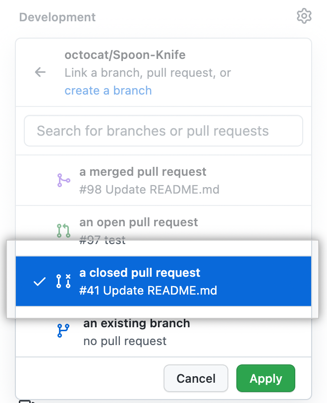 Drop down to link pull request or branch