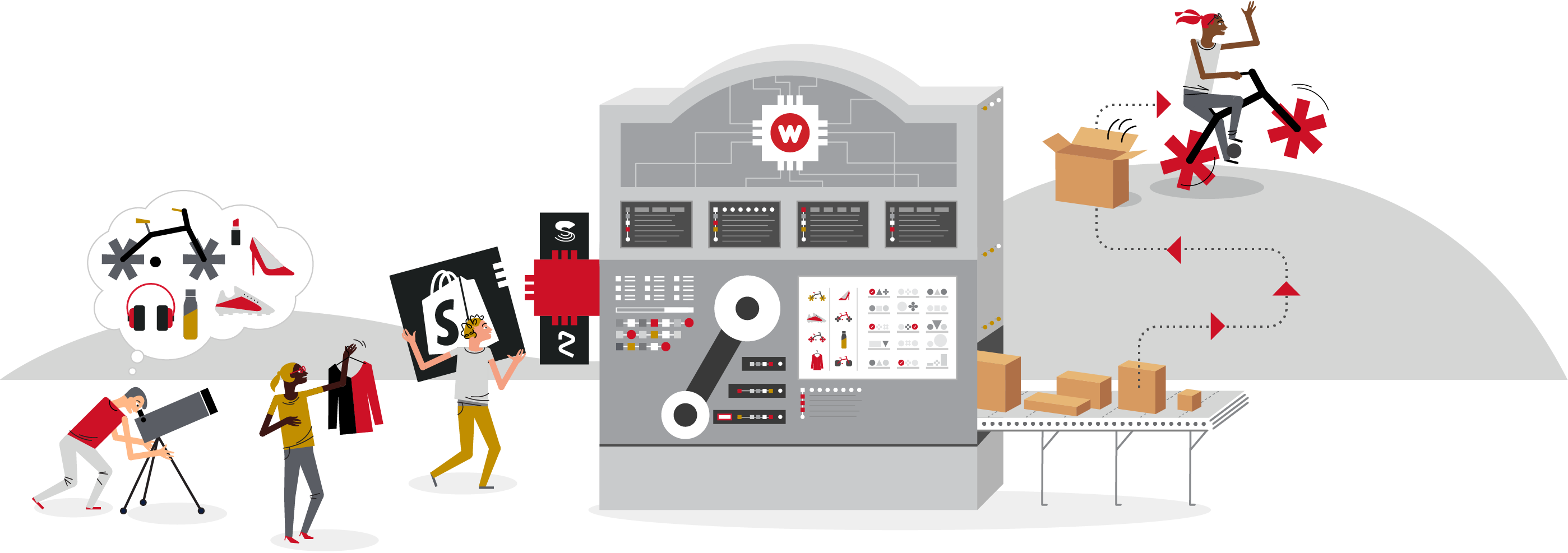 illustration of people interacting with a machine with fulfilment logos on one side and shipping boxes on the other