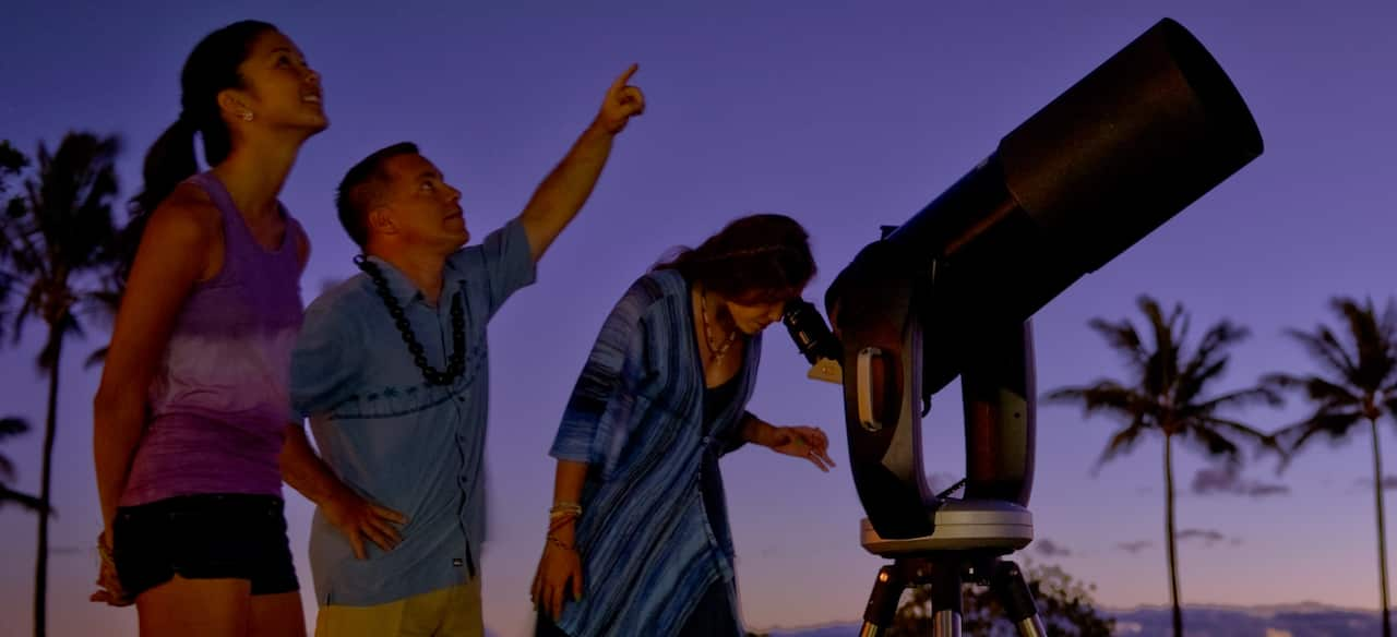 A Cast Member speaks and points skyward as a young woman listens and another looks through a large telescope