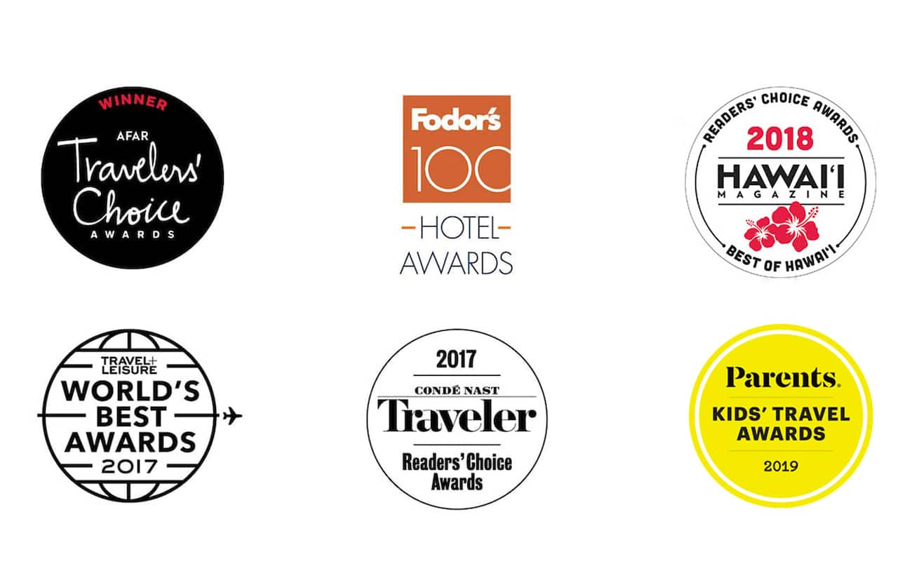 6 logos, A F A R Travelers Choice Award, Fodors 100 Hotel Awards, Hawai‘i Magazine Readers Choice Awards Best of Hawai‘i 2018, Travel and Leisure World’s Best Awards 2017, Condé Nast Traveler Readers Choice Awards 2017 and Parents Kids Travel Awards 2019