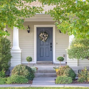 Blue front door of a suburban home surrounded by trees