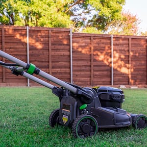 Lawn mower in backyard