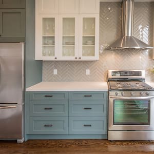 interior shot of teal kitchen