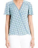 Max Studio Women's Flutter Sleeve Faux Wrap Blouse, Blue/Green Art Deco Arcs, Small