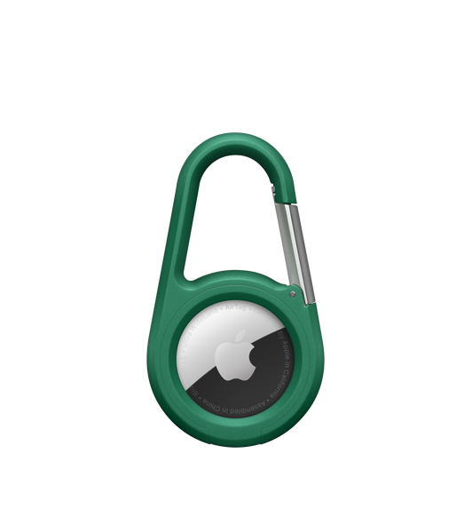 The Belkin Secure Holder with Carabiner, in green, with AirTag in place displaying Apple logo.