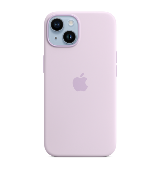 iPhone 14 Silicone Case with MagSafe in Lilac, with iPhone 14 in Blue.