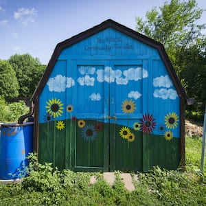 shed, garden, water barrel