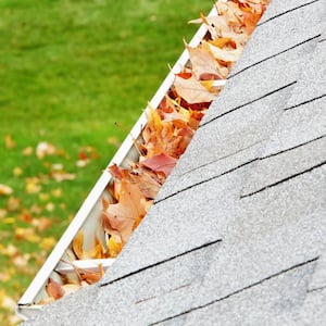 A gutter filled with autumn leaves
