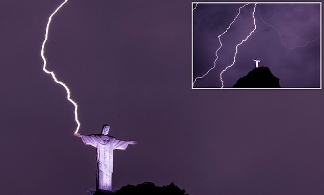 Rio's famous Christ the Redeemer statue appears to hold a lightning bolt in its hand 