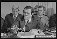Secretary of Defense Donald Rumsfeld testifying at Senate Armed Services Committee hearing on the Defense Department budget on March 9, 1976.