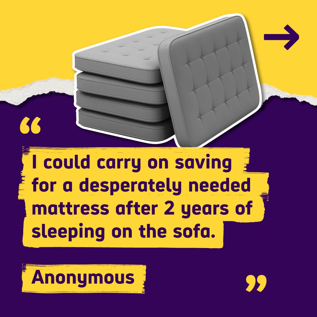 Graphic featuring a photo of stacked mattresses and an anonymous quote that reads "I could carry on saving for a desperately needed mattress after 2 years of sleeping on the sofa."