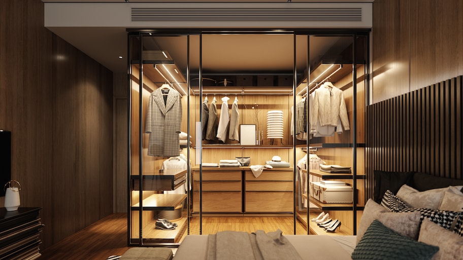 A luxurious bedroom with a walk-in closet