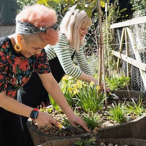 Couple planting flowers in a big planter