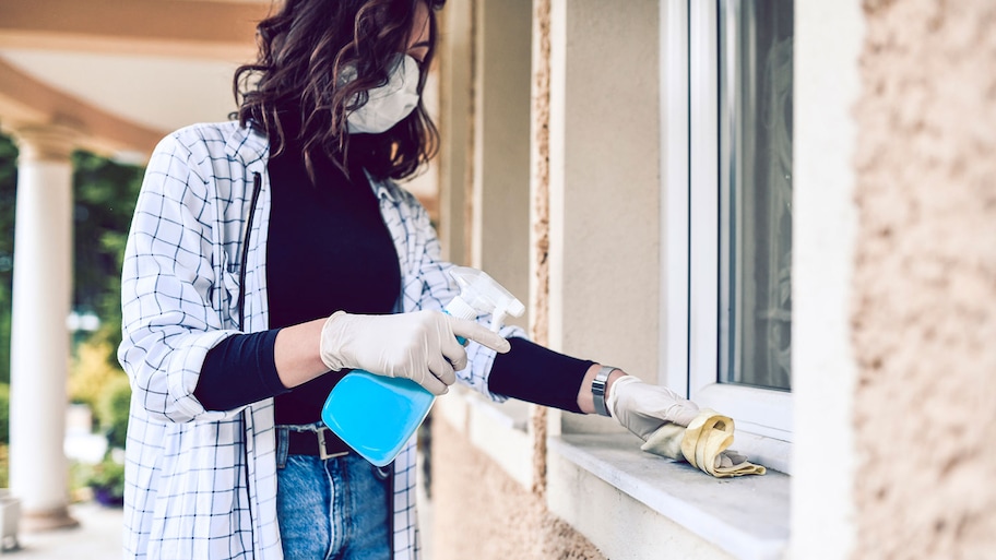 Woman using sanitizer to clean window frame