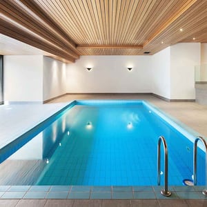 Luxury indoor pool with wooden ceiling