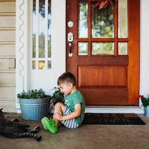 Little boy playing with cat on front porch