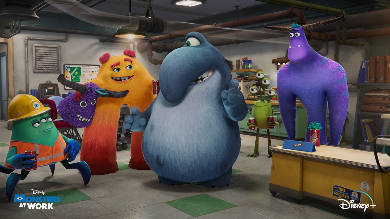 Fritz (voice of Henry Winkler), Cutter (voice of Alanna Ubach), Tylor (voice of Ben Feldman), Duncan (voice of Lucas Neff), and Val (voice of Mindy Kaling) from the Disney+ Originals series, Monsters At Work.