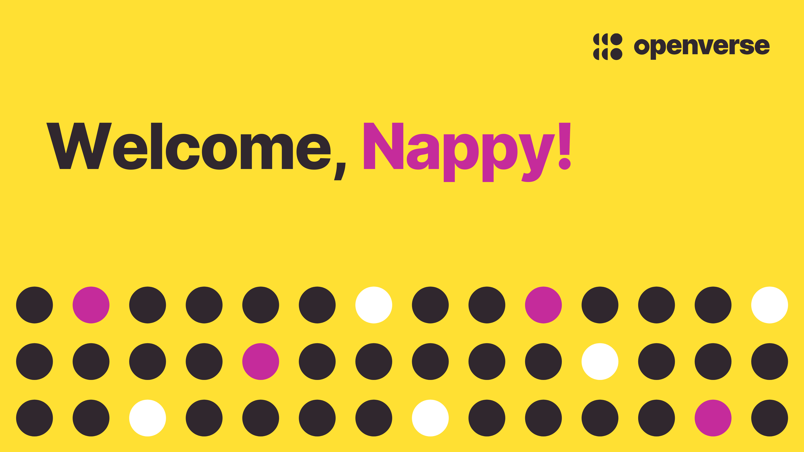 Decorative yellow background with Openverse logo and text, "Welcome, Nappy."