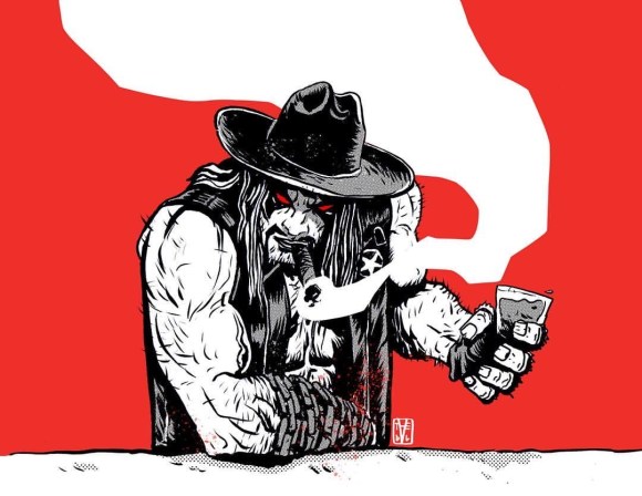 Illustration by Dan Licht: a scary cowboy smoking a stogie and sloshing his drink. His eyes are red and he looks like he's itching for a fight.