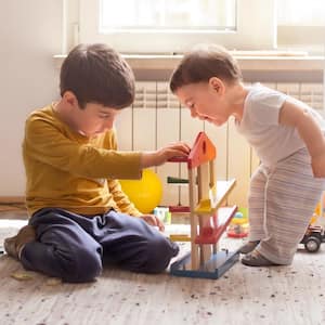 Sibling playing together with wooden toy