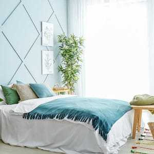Bright bedroom with light blue accent wall