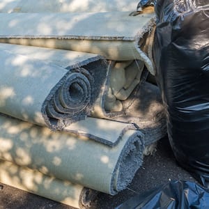 carpet thrown out by trash on driveway 