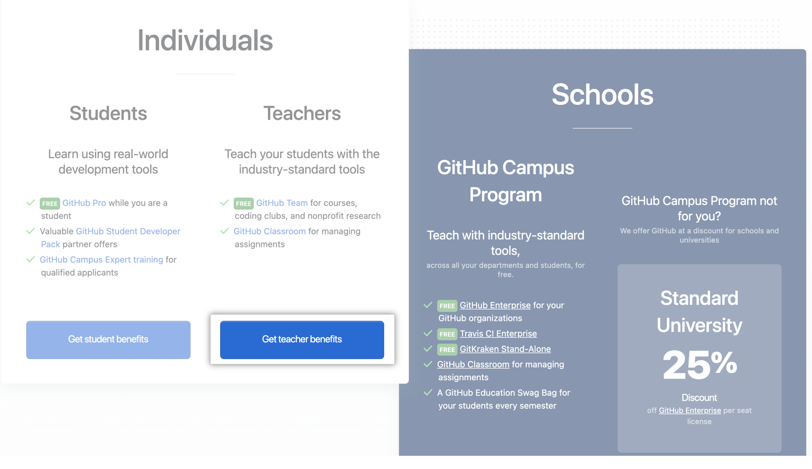 "Get teacher benefits" on GitHub Education homepage