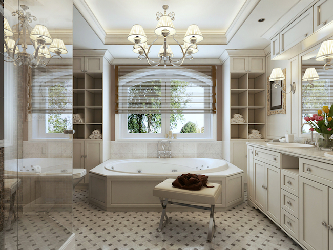 An elegant bathroom with a whirpool tub.