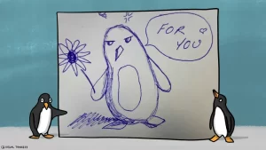 Sketch of a cartoon penguin in blue pen against a white and blue background