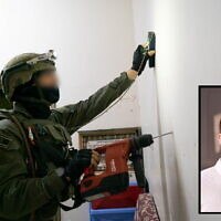 An Israeli soldier maps out the home of an alleged Palestinian terrorist who carried out a deadly shooting attack, in the Aqabat Jabr refugee camp in the West Bank, early March 6, 2023. Inset: Elan Ganeles, who was killed in the attack on February 27, 2023. (Israel Defense Forces; Courtesy of the family)