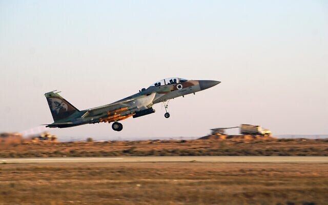 File: An IAF F-15I fighter jet of the 69th squadron takes off from the Hatzerim Airbase in southern Israel, during a pilots graduation ceremony, June 22, 2022. (Emanuel Fabian/Times of Israel)