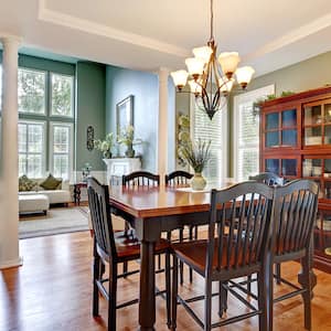  living room dining area with column