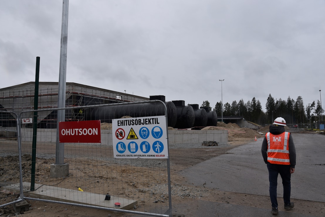 U.S. Army Corps of Engineers, Europe District Project Engineer Chris Bailey checks progress on a bulk fuel storage facility under construction at Amari Air Base in Estonia May 12, 2022. Over the past several years, the U.S. Army Corps of Engineers has delivered various projects in Estonia and neighboring Baltic countries Latvia and Lithuania through the European Deterrence Initiative where military infrastructure is built to enhance the U.S. deterrence posture, increase the readiness and responsiveness of U.S. forces in Europe, support the collective defense and security of NATO allies, and bolster the security and capacity of U.S. allies and partners. (U.S. Army photo by Chris Gardner)