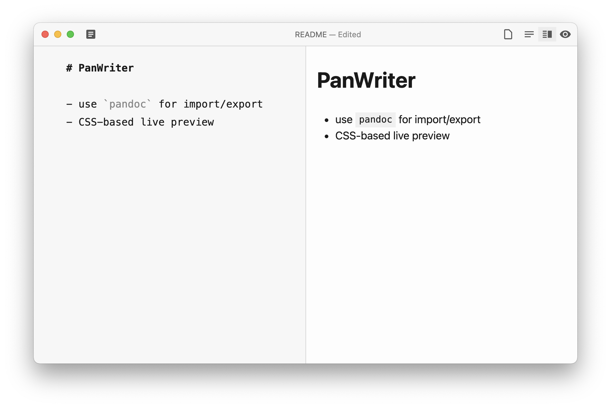 Markdown on the left, preview on the right