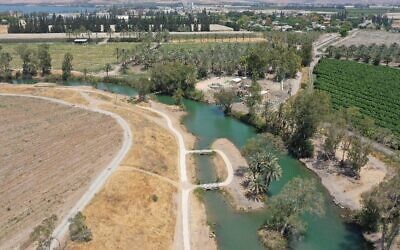 Small bridges connect a bank of the Jordan River to an island as part of an upgrade being carried out by the Kinneret Drainage and Streams Authority between the Alumot Dam and Menahhemia in northern Israel. (Courtesy, Kinneret Drainage and Streams Authority)