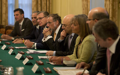 Illustrative: Members of the Jewish Leadership Council meet Britain's then-prime minister David Cameron at 10 Downing Street in London, January 9, 2014. (AP Photo/Alastair Grant, Pool)