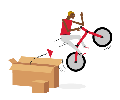 illustration of a person on a bike jumping out of a shipping box