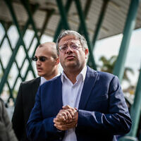 National Security Minister Itamar Ben Gvir seen at the entrance to the Ben Gurion Airport near Tel Aviv ahead of anti-government demonstrations, March 9, 2023. (Avshalom Sassoni/Flash90)