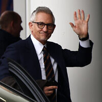 Gary Lineker, former England soccer great turned sports TV presenter for BBC, arrives at the King Power Stadium in Leicester, central England on March 11, 2023. (Darren Staples/AFP)