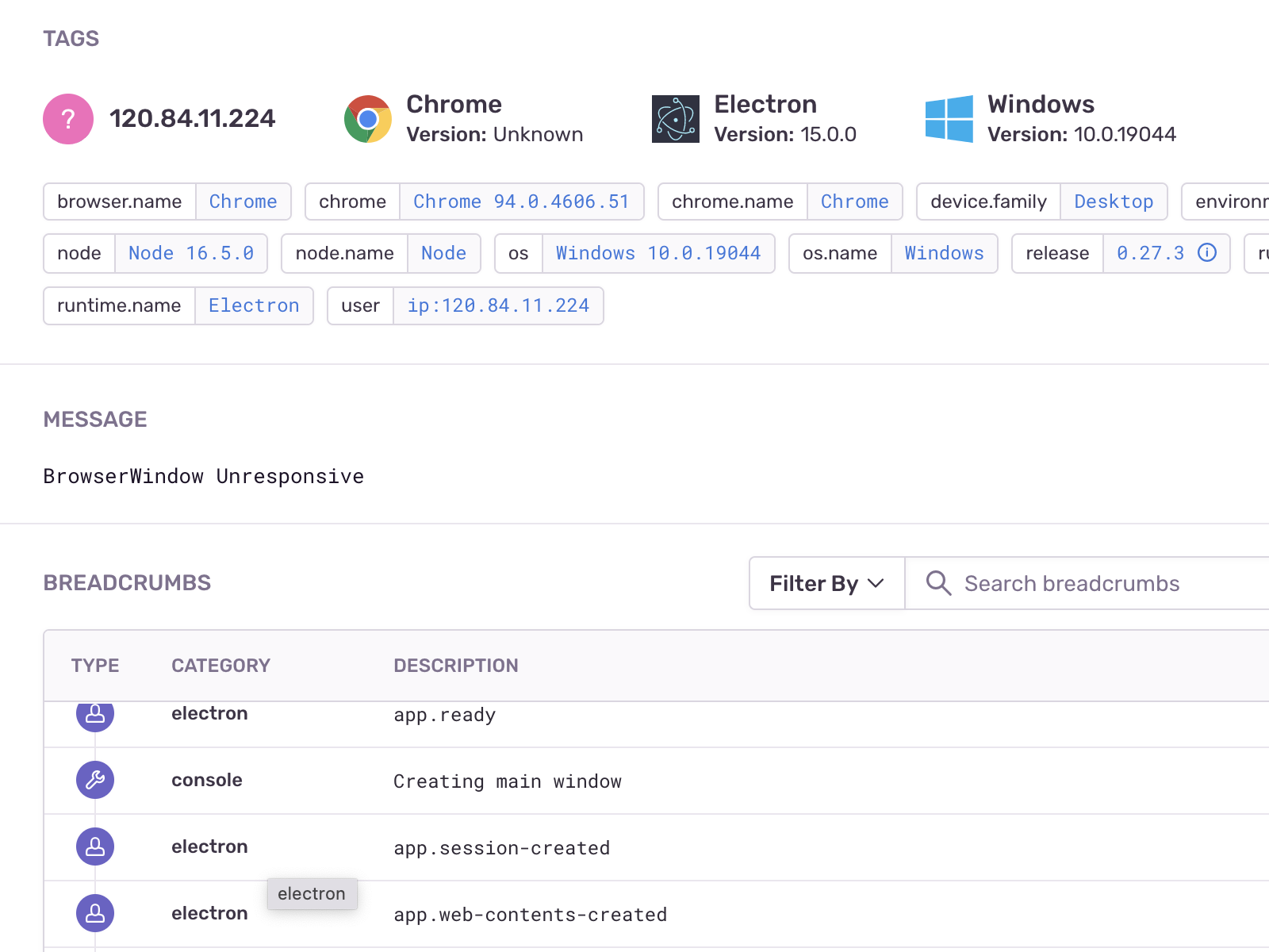 Screenshot of Sentry crash reporting (https://sentry.io). Shows the error message
              ('BrowserWindow Unresponsive'), user breadcrumbs, and user information.