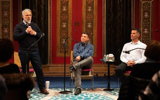 Col. Joab Rosenberg, left, Brigadier General Roy Riftin, center, and Col. Ophir Bear at the B'nai Jeshurun synagogue in New York City, March 12, 2023. (Luke Tress/Times of Israel)