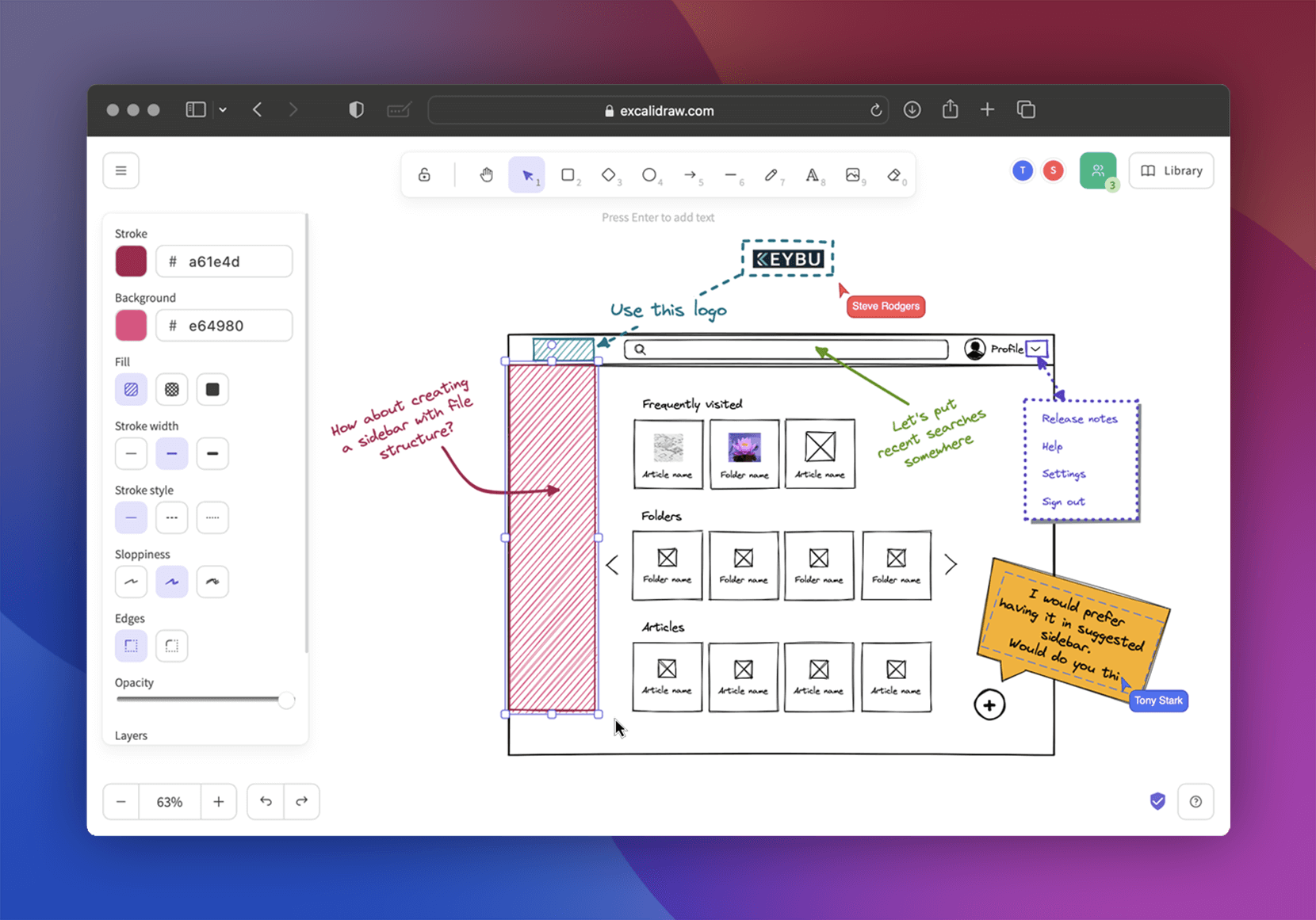 Screenshot of Excalidraw showing a website wireframe.