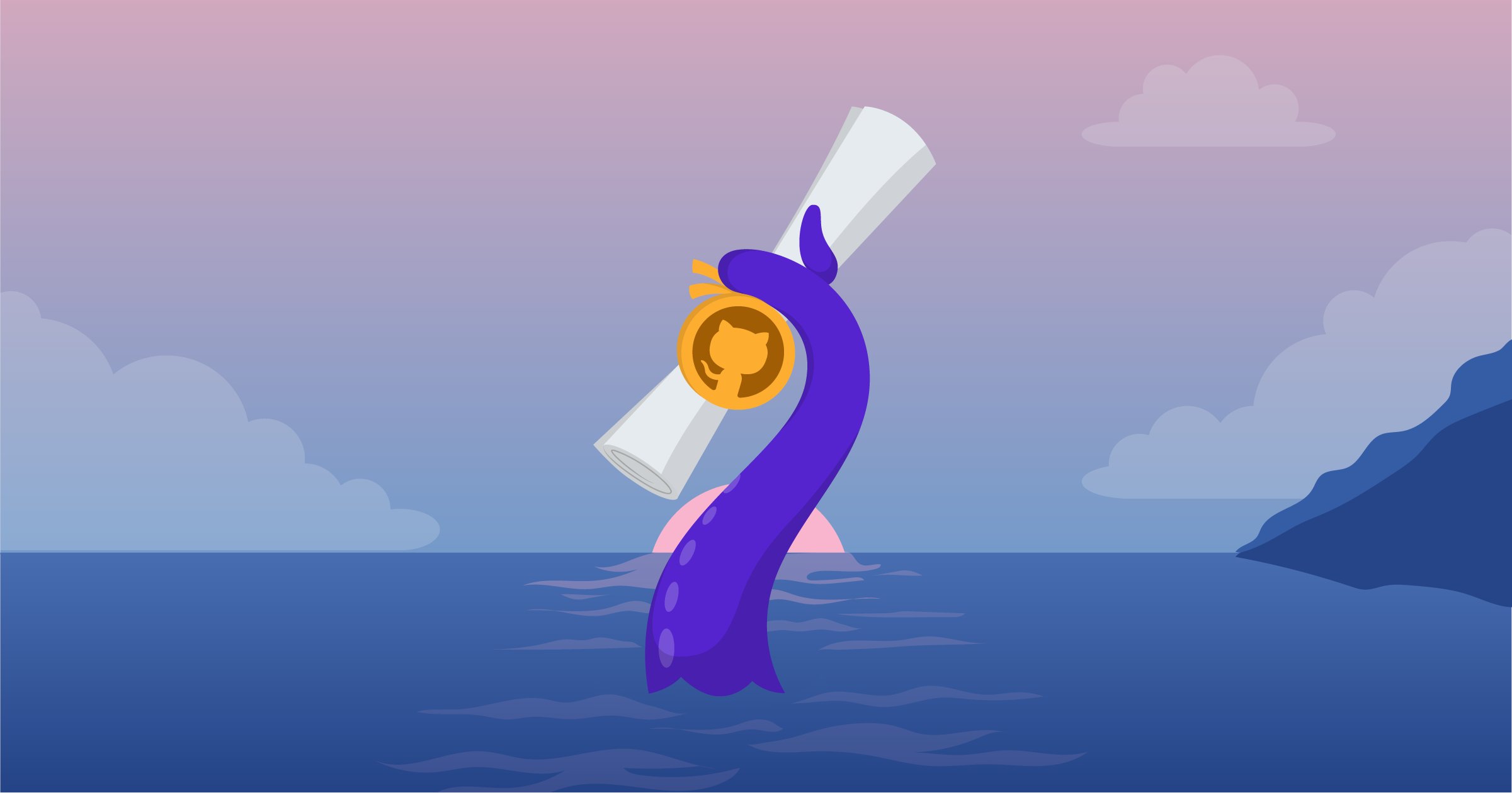 Illustration of a tentacle emerging from the water, holding a diploma with a gold version of the GitHub logo attached. 