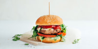 close-up of a burger on a white background
