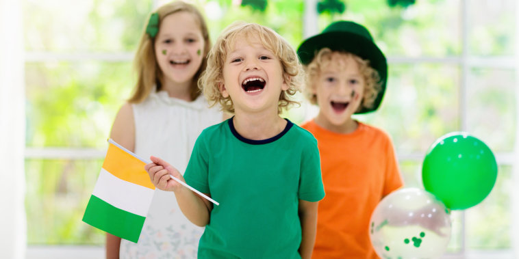 Kids celebrate St Patrick Day. Irish holiday.