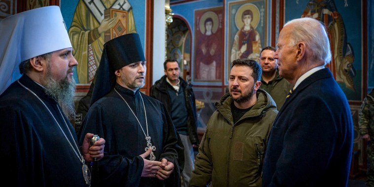 Image: President Joe Biden and Ukrainian President Volodymyr Zelensky as they visit St. Michaels Golden-Domed Cathedral in Kyiv, Ukraine on on Feb. 20, 2023.