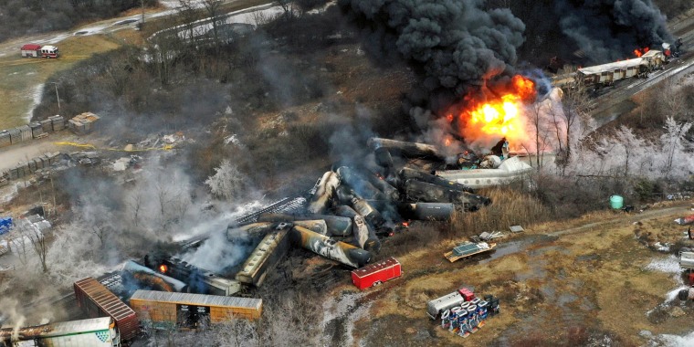 Portions of a Norfolk Southern freight train that derailed Feb. 3, in East Palestine, Ohio, are still on fire on Feb. 4, 2023.